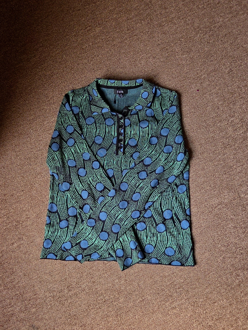 Fate Green Long Sleeve Henley with Blue Polka Dot Pattern
